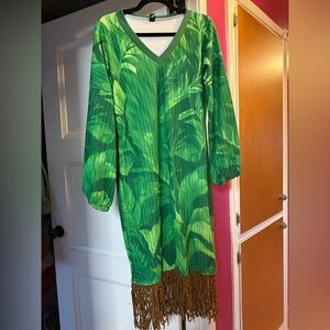 Green Leaf Pattern Dress with Fringe Hem - Never Worn, New
